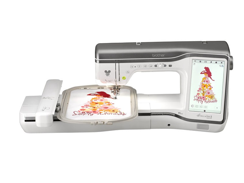 Front view of the Brother Stellaire Innov-is XJ2 combination sewing and embroidery machine showcasing its sleek design and open workspace
