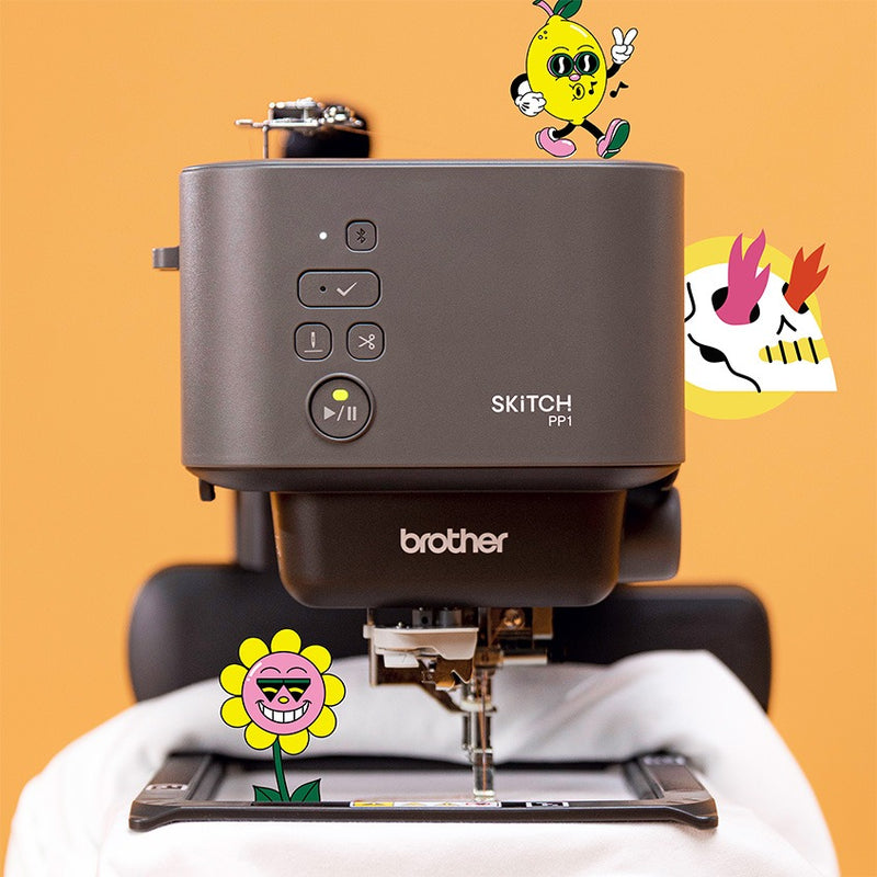 brother-skitch-pp1-single-needle-embroidery-machine-front-view-with-whimsical-cartoon-graphics