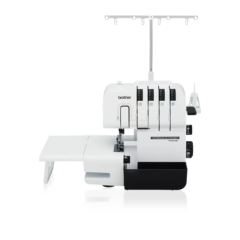 brother-strong-and-tough-st4031hd-serger-front-view-with-extended-white-trim-trap-table-on-white-background