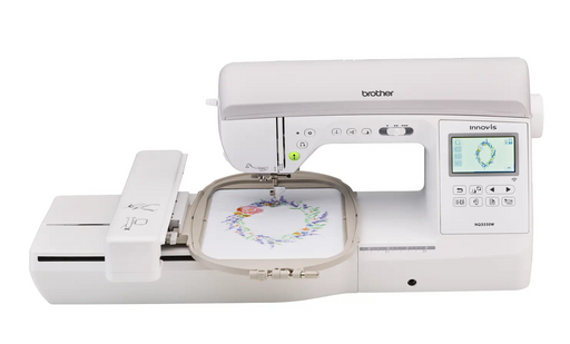 The Brother Innov-is NQ3550W machine angled to highlight the attached embroidery unit tracking arm and project frame