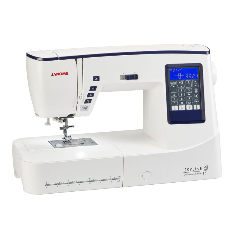 Janome Skyline S3 Anniversary Edition computerized sewing machine front view with extension table installed.
