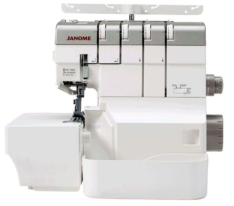 Janome AirThread 2000D Professional overlocker shown fully assembled with the included extra-wide extension table attached.