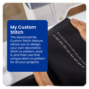 close-up-hands-holding-black-fabric-with-white-decorative-patterns-stitched-using-brother-celeste-innov-is-cx1-my-custom-stitch
