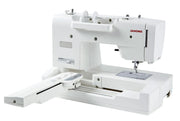 Janome Memory Craft 100E computerized embroidery machine front view showing color touchscreen.