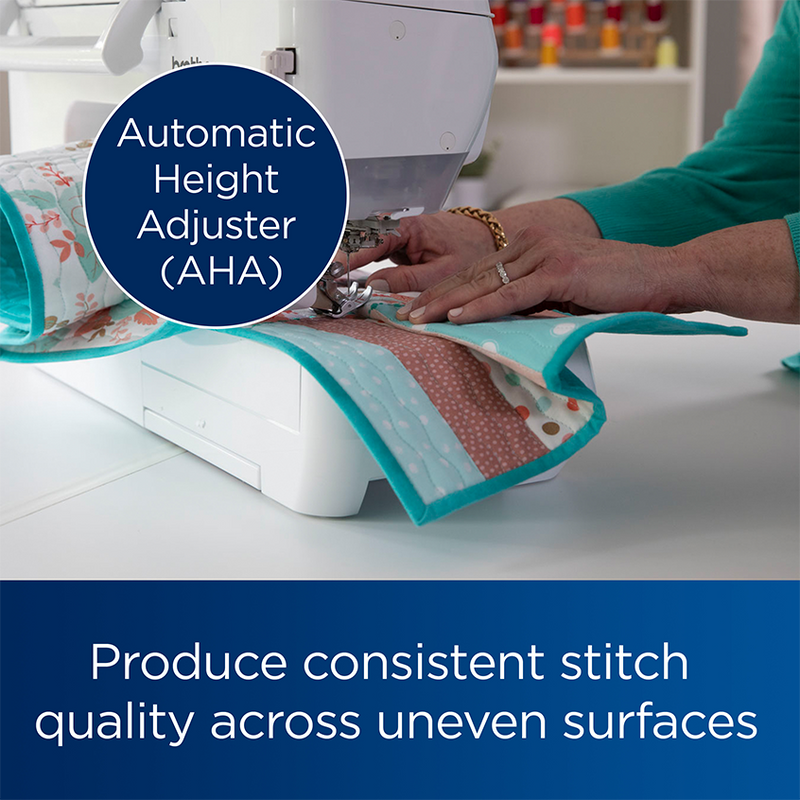 close-up-hands-feeding-light-blue-quilt-under-needle-to-demonstrate-automatic-height-adjuster-on-brother-innov-is-bq3100