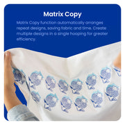 close-up-hands-holding-white-garment-with-repeated-blue-seashell-patterns-to-demonstrate-brother-celeste-innov-is-cx1e-matrix-copy-function