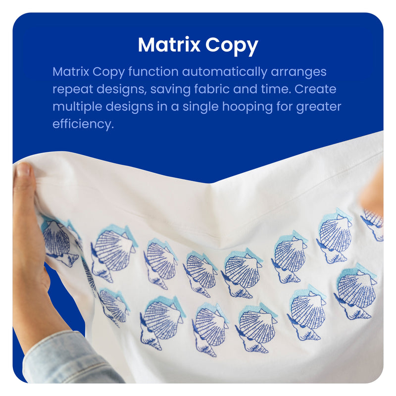 close-up-hands-holding-white-garment-with-repeated-blue-seashell-patterns-to-demonstrate-brother-celeste-innov-is-cx1e-matrix-copy-function