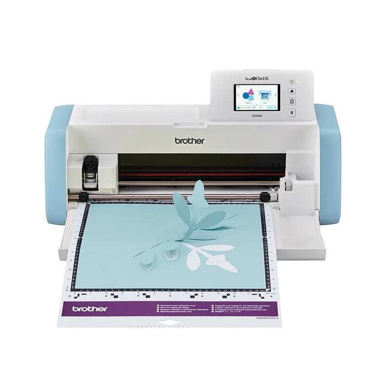 brother-scancut-dx-sdx85s-cutting-machine-front-view-with-light-blue-paper-cutout-on-purple-standard-tack-mat