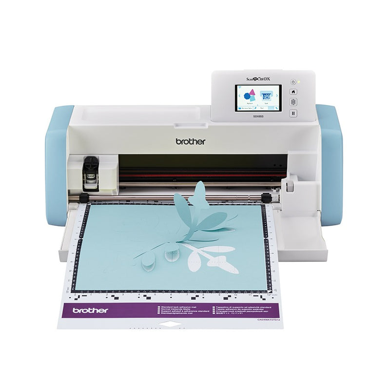 brother-scancut-dx-sdx85s-cutting-machine-angled-front-view-with-light-blue-paper-cutout-on-purple-standard-tack-mat