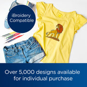 brother-innov-is-nq3550w-sewing-and-embroidery-machine-close-up-of-ibroidery-compatible-yellow-lion-king-shirt-and-denim-shorts