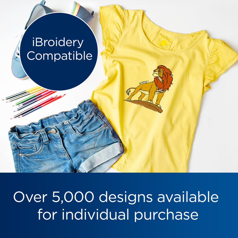 brother-innov-is-nq3550w-sewing-and-embroidery-machine-close-up-of-ibroidery-compatible-yellow-lion-king-shirt-and-denim-shorts