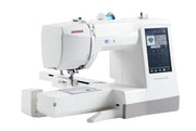 Janome Memory Craft 100E computerized embroidery machine front view showing color touchscreen.