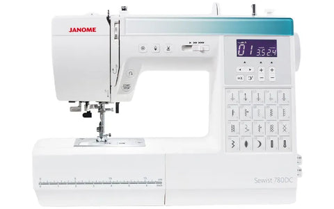 Janome Sewist 780DC computerized sewing machine front view showcasing control panel and bright workspace.