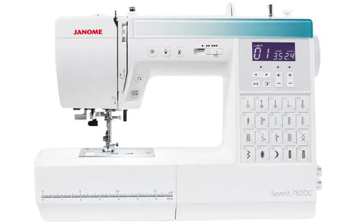 Janome Sewist 780DC computerized sewing machine front view showcasing control panel and bright workspace.