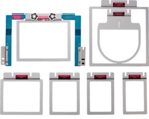 The Durkee SAEZ7MN 7 piece EZ frames combo pack layout showing the master machine attachment arm and various sizes of hoopless embroidery frames