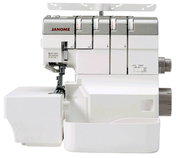 Janome AirThread 2000D Professional overlocker shown fully assembled with the included extra-wide extension table attached.