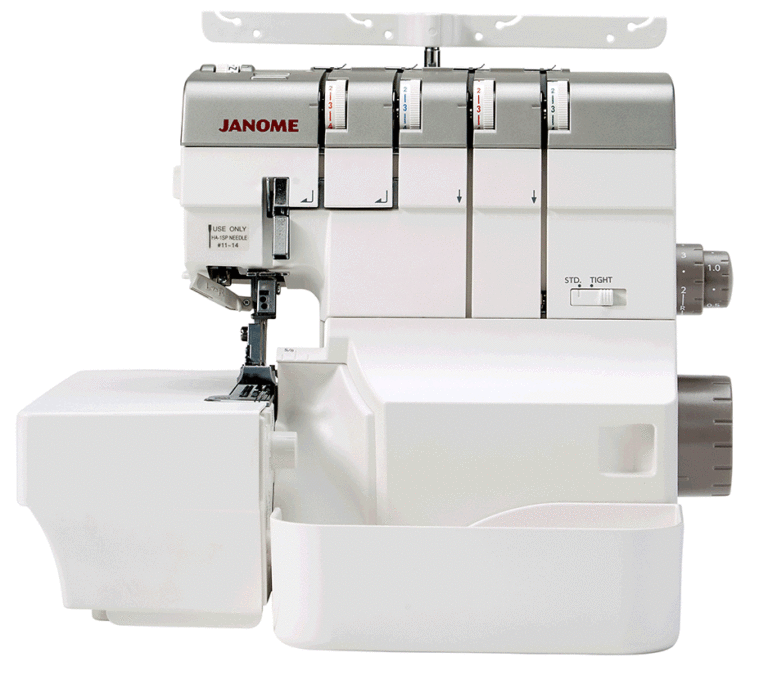 Janome AirThread 2000D Professional overlocker shown fully assembled with the included extra-wide extension table attached.