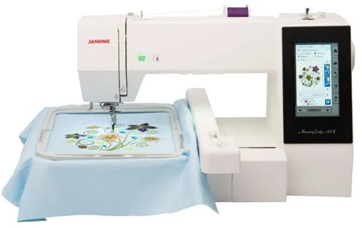 Janome Memory Craft 500E Limited Edition computerized embroidery machine front view showing full color LCD touchscreen