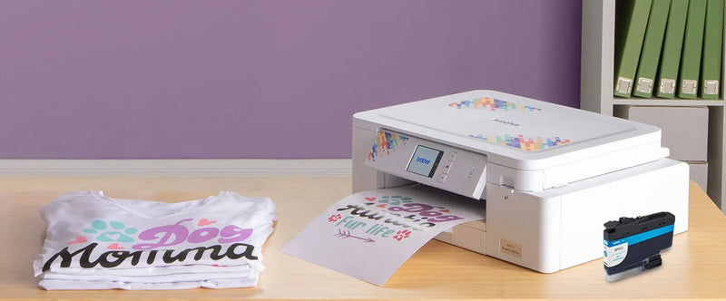 brother-sp-1-sublimation-printer-outputting-dog-auntie-fur-life-sheet-next-to-sp01c-cyan-ink-cartridge