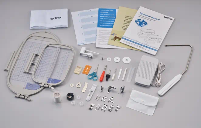 A complete overview layout of the included standard accessories for the Brother NQ3550W including multi-size embroidery frames and presser feet