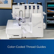 brother-air1800-air-serger-angled-front-view-with-pink-fabric-and-close-up-on-adjustment-dials