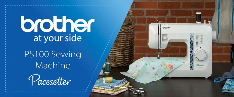 brother-pacesetter-ps100-sewing-machine-on-desk-next-to-woven-basket-blue-promo-banner-view