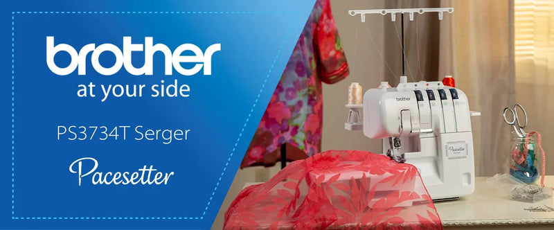brother-pacesetter-ps3734t-serger-with-red-lace-fabric-on-sewing-table-blue-promo-banner-view