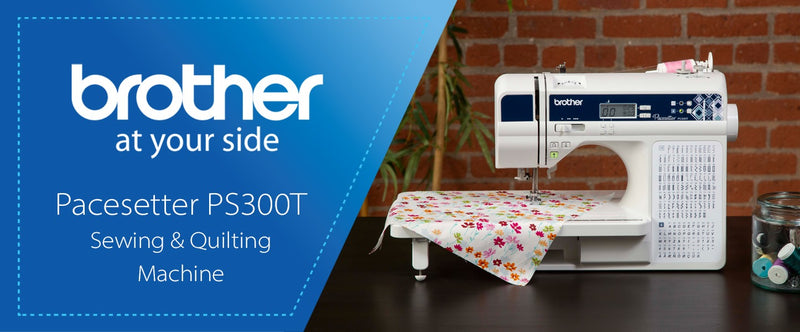 brother-pacesetter-innov-is-ps300t-sewing-and-quilting-machine-stitching-floral-fabric-on-wide-table-blue-promo-banner-view