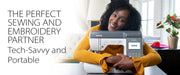 lifestyle-view-of-woman-smiling-and-holding-brother-innov-is-ns2850d-combo-sewing-embroidery-machine-with-text-overlay