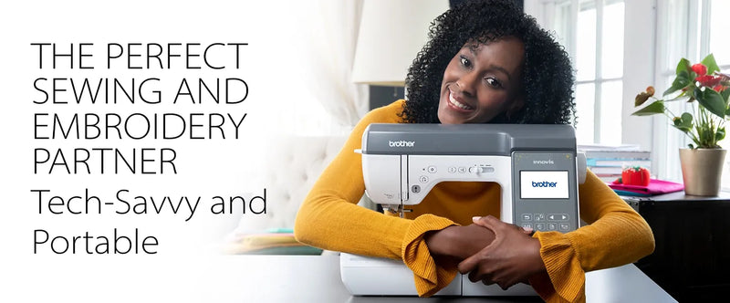 lifestyle-view-of-woman-smiling-and-holding-brother-innov-is-ns2850d-combo-sewing-embroidery-machine-with-text-overlay