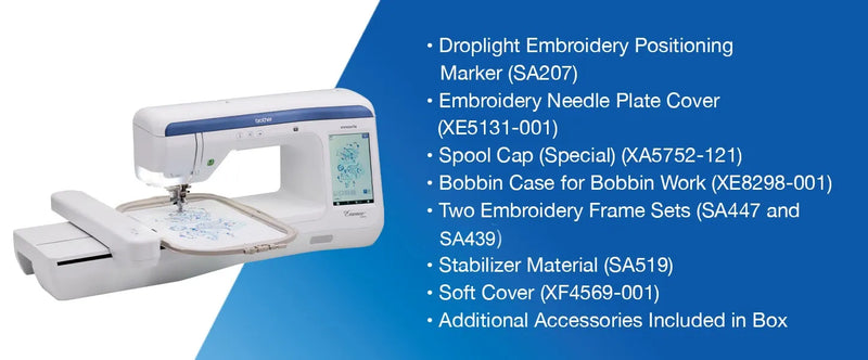 brother-innov-is-ve2300-essence-embroidery-machine-included-accessories-and-part-numbers-blue-infographic