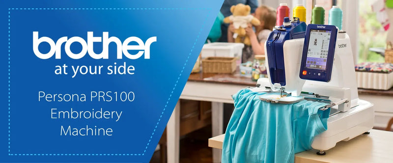 brother-persona-prs100-single-needle-embroidery-machine-stitching-turquoise-apparel-on-table-blue-marketing-banner