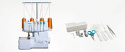 brother-lock-1034d-serger-front-view-with-orange-thread-spools-alongside-included-accessories-and-tools