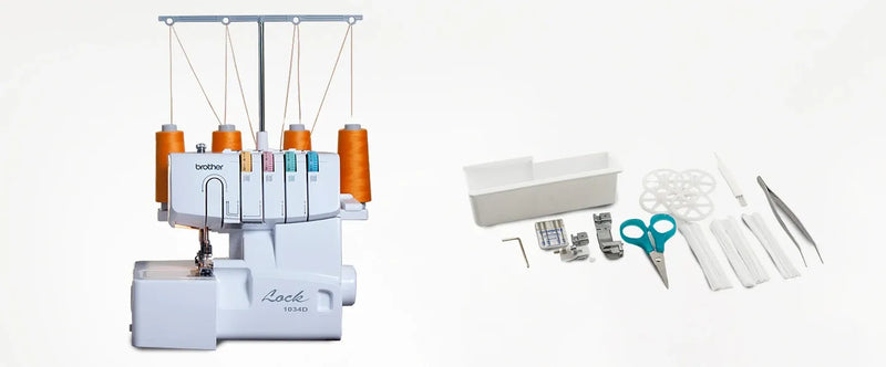 brother-lock-1034d-serger-front-view-with-orange-thread-spools-alongside-included-accessories-and-tools