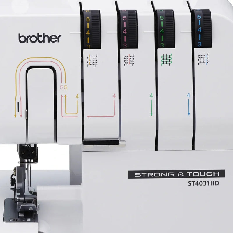 brother-strong-and-tough-st4031hd-serger-close-up-view-of-four-thread-tension-dials-and-threading-guides