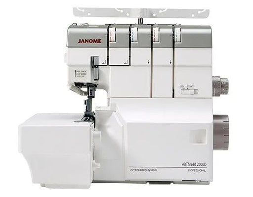 Janome AirThread 2000D Professional overlocker shown fully assembled with the included extra-wide extension table attached.