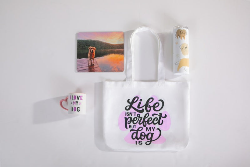 overhead-view-sublimated-tote-bag-mug-tumbler-and-mouse-pad-crafted-using-brother-sp-1-sublimation-printer