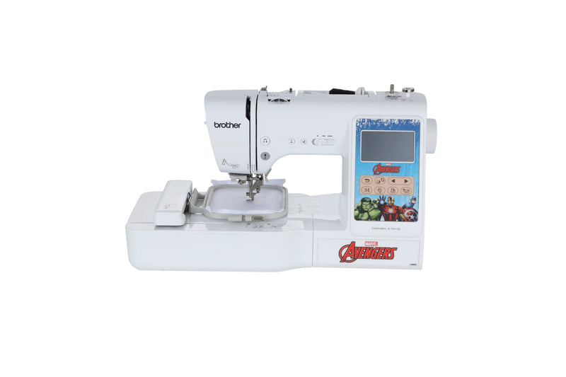 brother-lb5500m-marvel-sewing-and-embroidery-machine-with-blue-avengers-comic-faceplate-straight-front-view