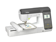 The Brother Innov-ís NS2850D machine configured with its embroidery unit and a five by seven inch project hoop attached