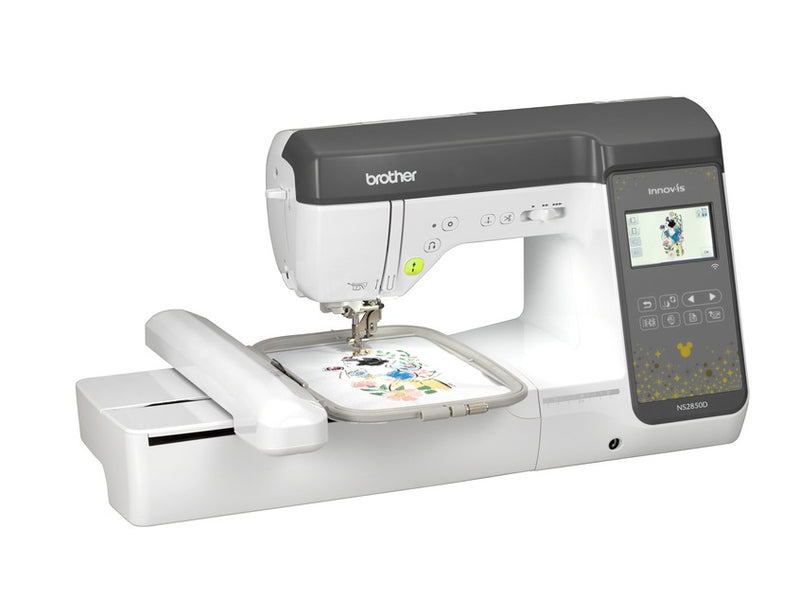 The Brother Innov-ís NS2850D machine configured with its embroidery unit and a five by seven inch project hoop attached