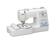 The Brother Innov-ís NS1850D combination machine configured with an attached four by four inch embroidery hoop