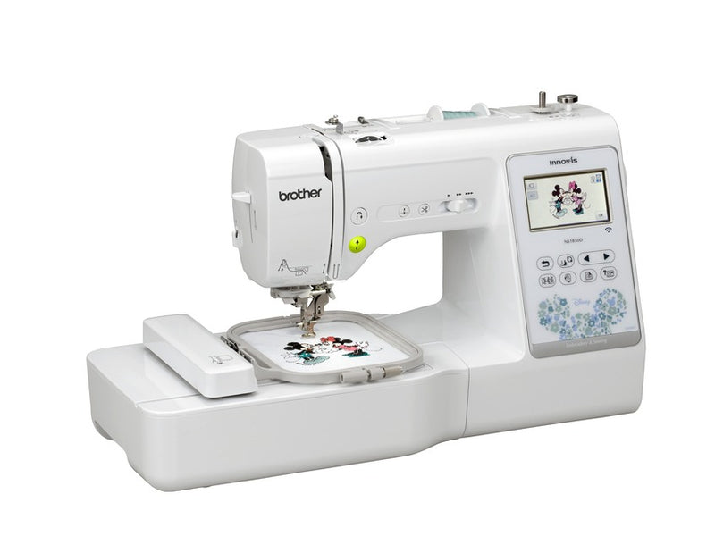 The Brother Innov-ís NS1850D combination machine configured with an attached four by four inch embroidery hoop