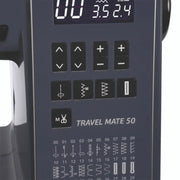 anome TravelMate 50 computerized sewing and quilting machine front view displaying control panel buttons.