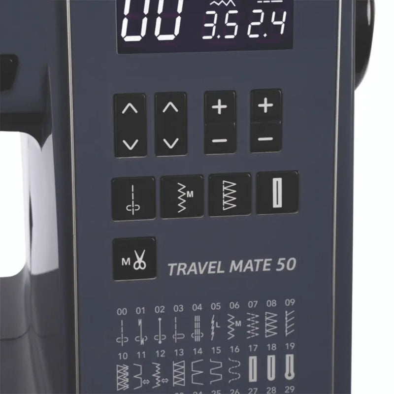 anome TravelMate 50 computerized sewing and quilting machine front view displaying control panel buttons.