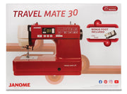 Janome TravelMate 30 computerized portable sewing machine front view showcasing stitch options and control sliders.