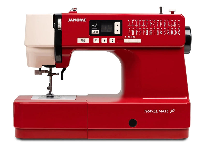 Janome TravelMate 30 computerized portable sewing machine front view showcasing stitch options and control sliders.
