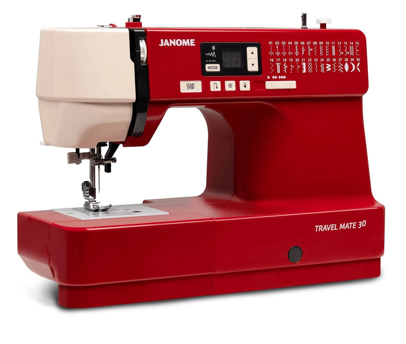Janome TravelMate 30 computerized portable sewing machine front view showcasing stitch options and control sliders.