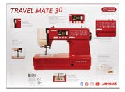 Janome TravelMate 30 computerized portable sewing machine front view showcasing stitch options and control sliders.
