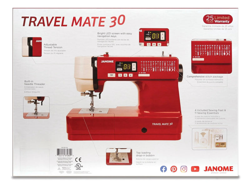 Janome TravelMate 30 computerized portable sewing machine front view showcasing stitch options and control sliders.