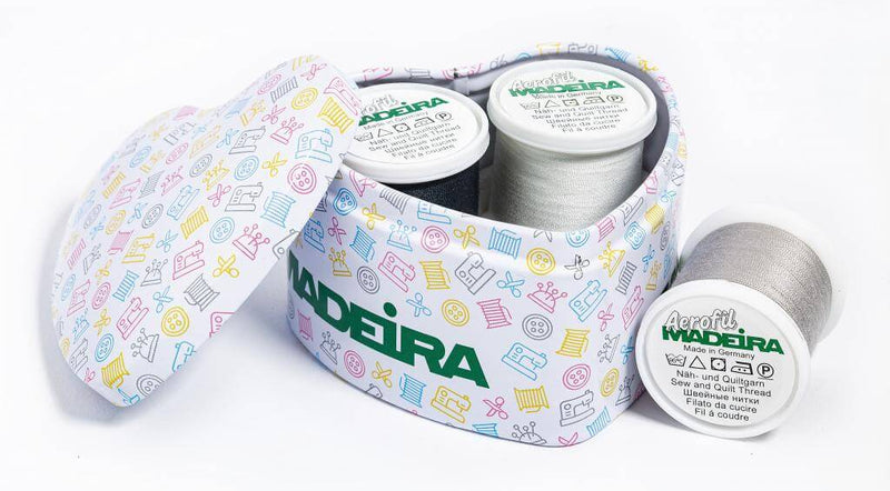 Madeira Heart Box with Thread | Aerofil Black, White & Grey Sewing Thread Gift Set in Decorative Heart Tin | SKU 8700D